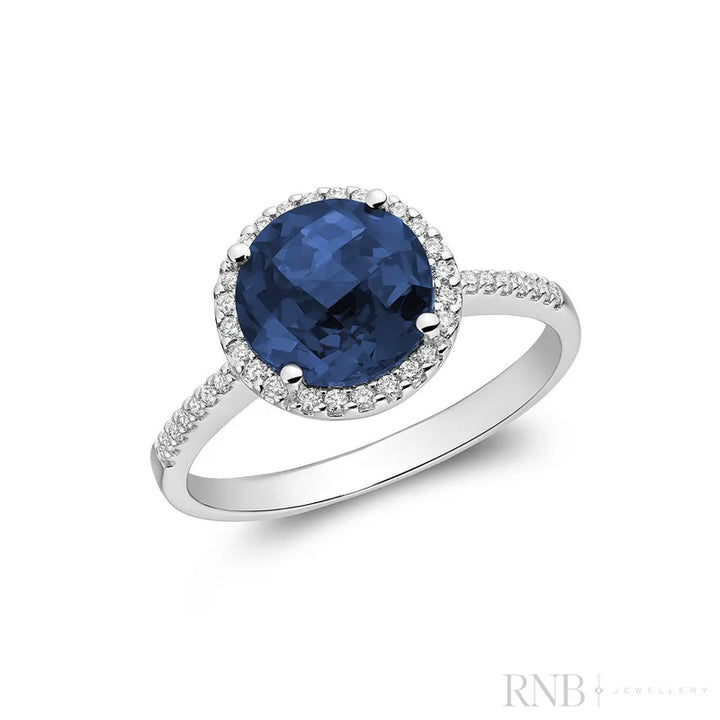 14k White Gold Created Sapphire and Diamond Halo Ring