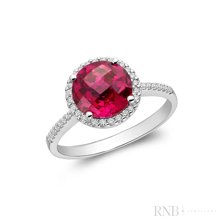 14k White Gold Created Ruby and Diamond Halo Ring
