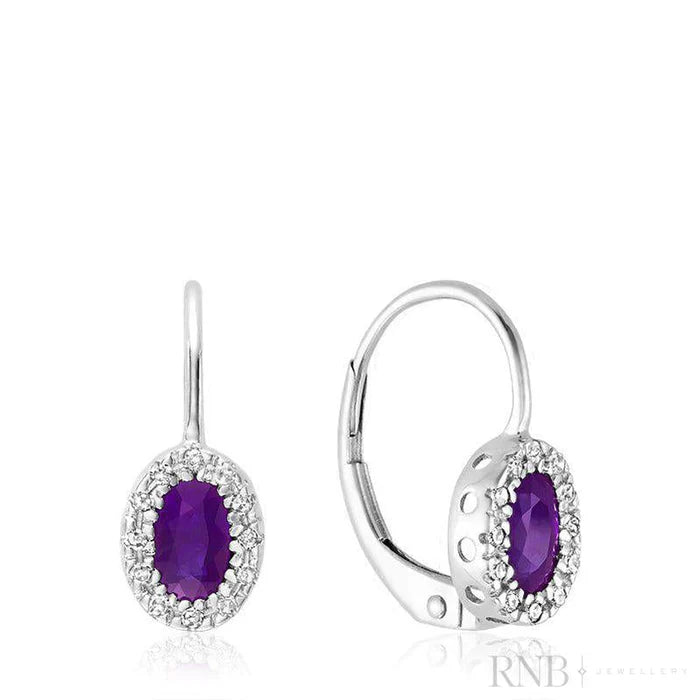 10k White Oval Amethyst and Diamond Halo Dangle Earrings
