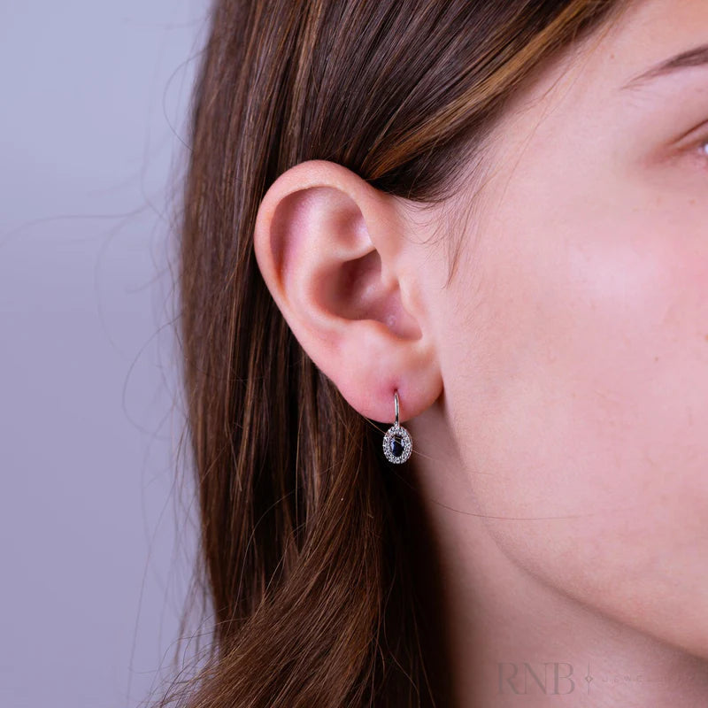 10k White Oval Amethyst and Diamond Halo Dangle Earrings