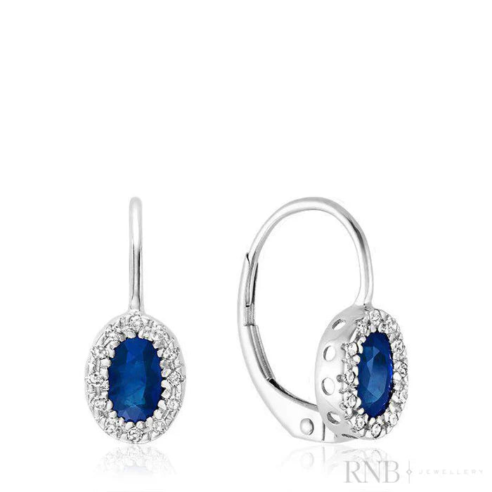 10K White Oval Blue Sapphire and Diamond Halo Dangle Earrings