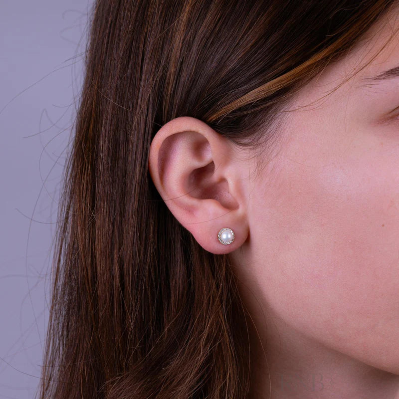 10k Rose Gold Mini Pearl and Diamond Halo Stud Earrings