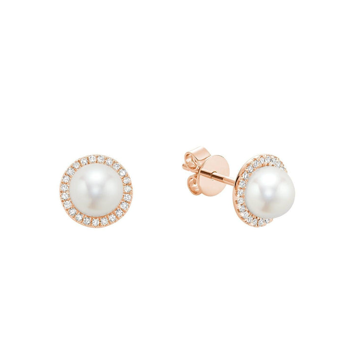 10k Rose Gold Mini Pearl and Diamond Halo Stud Earrings